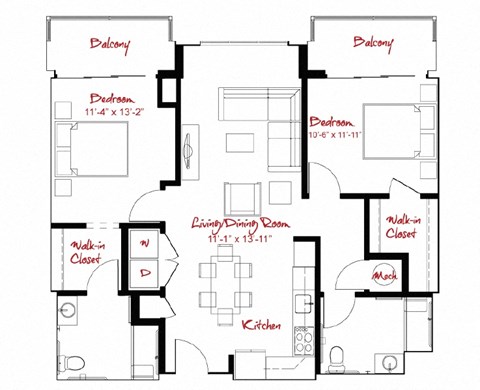 Floor plan for 2 beds, 2 baths, 1067 sqft